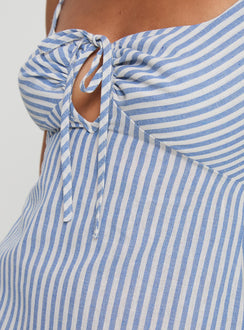 back view of model wearing Princess Polly Kearns Mini Dress Blue Stripe Scoop Neck 