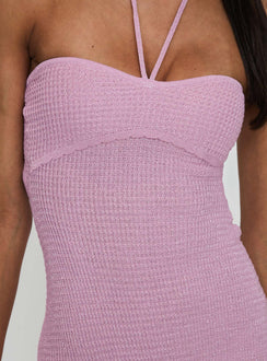 back view of model wearing Princess Polly Odeya Halter Mini Dress Pink Sweetheart Neckline 