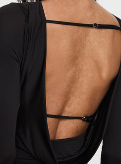 side view of model wearing Princess Polly Quinby Backless Long Sleeve Bodysuit Full Sleeves High Neck 