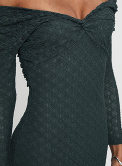 back view of model wearing Princess Polly Elexis Off The Shoulder Maxi Dress Blue V-Neck 