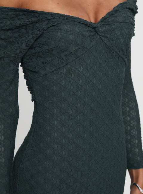 back view of model wearing Princess Polly Elexis Off The Shoulder Maxi Dress Blue V-Neck 