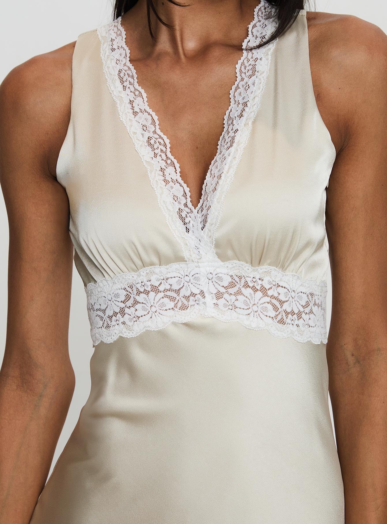 back view of model wearing Princess Polly Persefonie Lace Maxi Dress Champagne V-Neck 