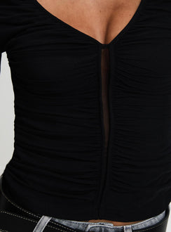 back view of model wearing Princess Polly Tenzin Ruched Top Black Full Sleeves V-Neck 
