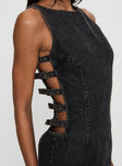 back view of model wearing Princess Polly Chatter Buckle Side Denim Mini Dress Charcoal Crew Neck 