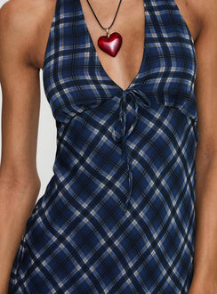back view of model wearing Princess Polly Laraline Halter Mini Dress Navy Check Petite Plunger 