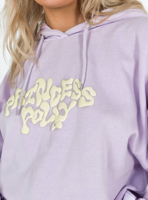 back view of model wearing Princess Polly Princess Polly Hooded Sweatshirt Squiggle Text Dusty Mauve / Eggshell regular 