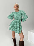 Front view of model wearing  front Princess Polly High Neck  Miami Long Sleeve Mini Dress Green Check