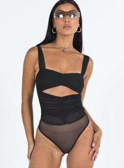 front view of model wearing Princess Polly Kalmia Bodysuit Black Sleeveless 