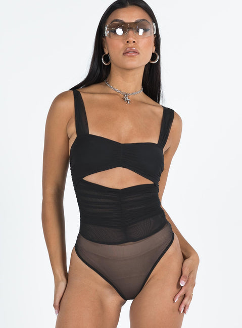 front view of model wearing Princess Polly Kalmia Bodysuit Black Sleeveless 
