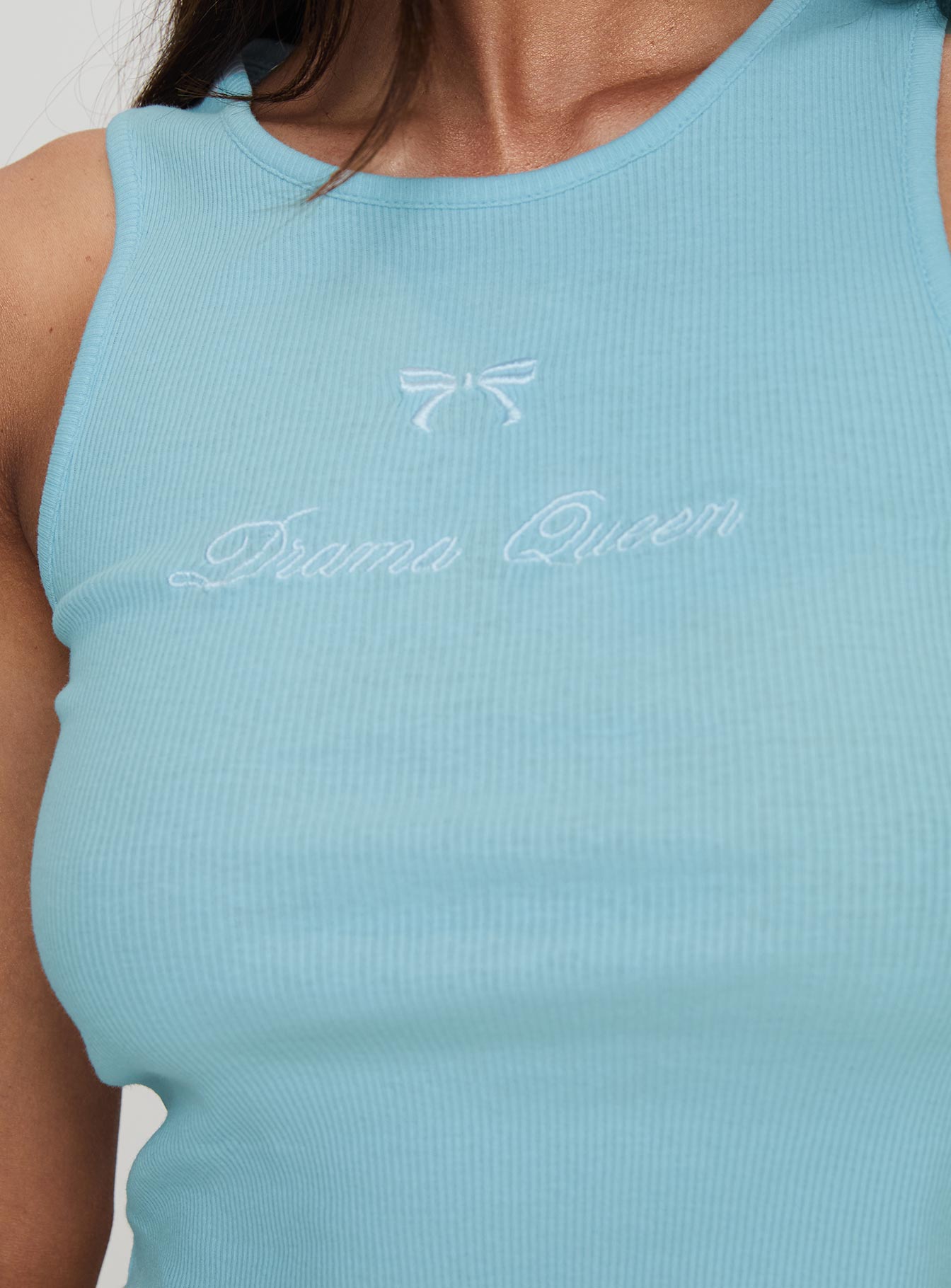 back view of model wearing Princess Polly Drama Queen Tank Blue Sleeveless Crew Neck 