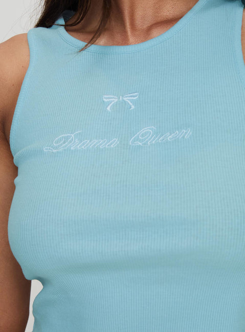 back view of model wearing Princess Polly Drama Queen Tank Blue Sleeveless Crew Neck 