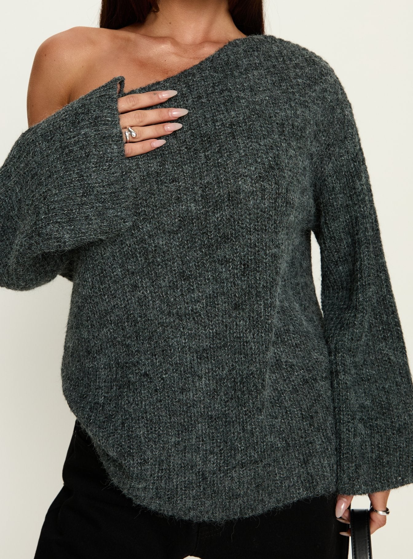 Delyn Off Shoulder Slouchy Knit Sweater Black Marle