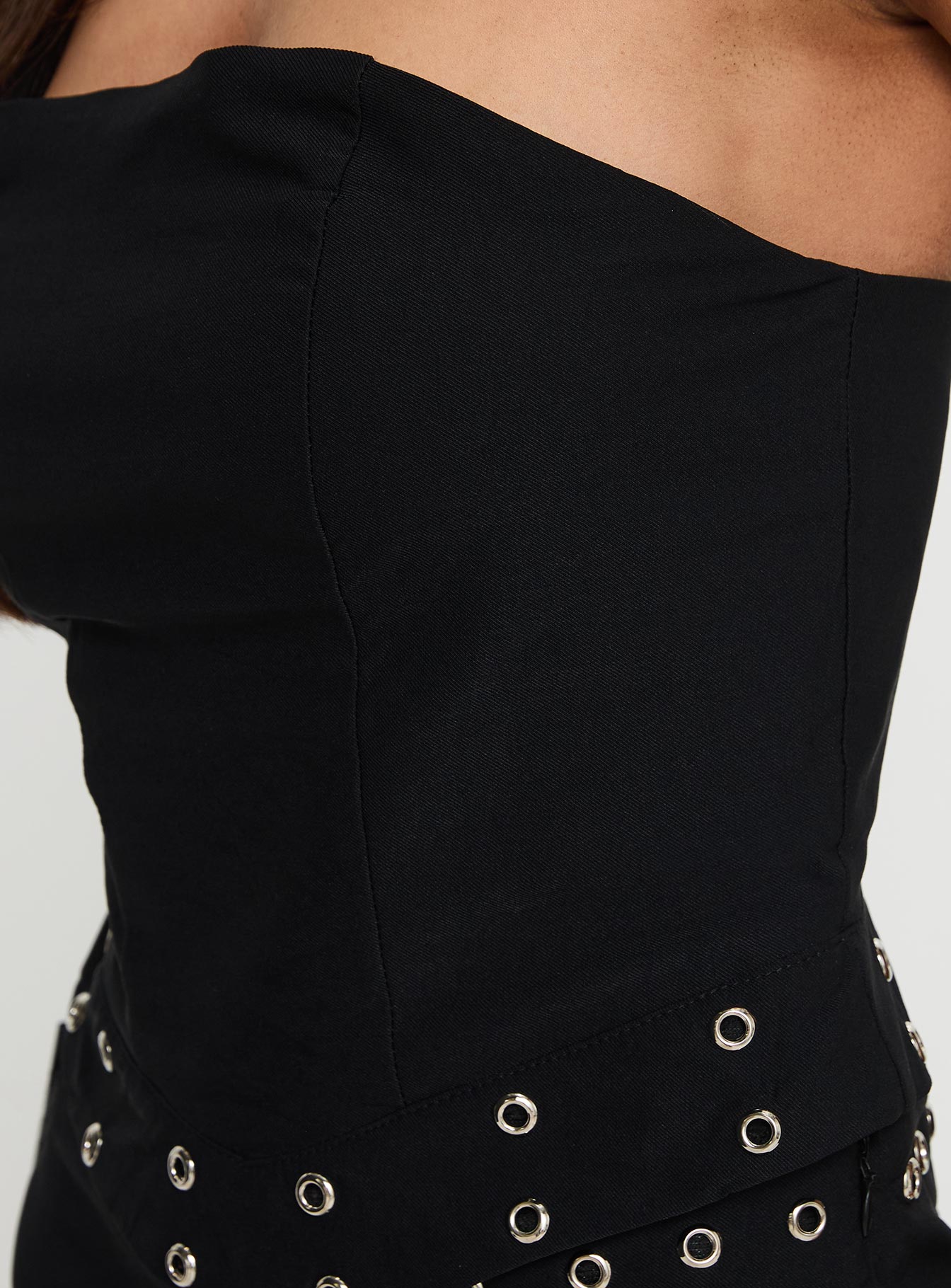 back view of model wearing Princess Polly Passionette Strapless Top Black Petite Sleeveless straight 