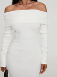 back view of model wearing Princess Polly Celestara Off The Shoulder Maxi Dress White Straight Neck 