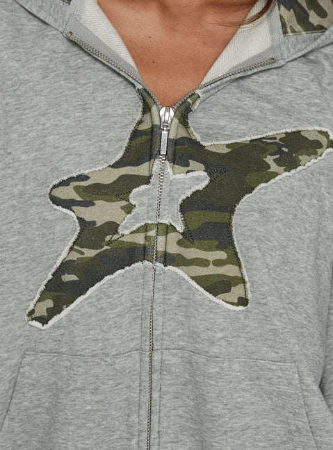 Chelzie Zip Through Graphic Hoodie Grey Marle / Camo