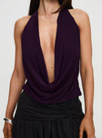 front view of model wearing Princess Polly Carefree Days Cowl Neck Top Purple Sleeveless Cowl 