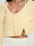 back view of model wearing Princess Polly Artha Cardigan Lemon Cropped 