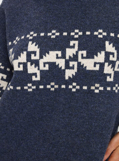 back view of model wearing Princess Polly Alpine Sweater Navy / Cream Cropped Jumpers 