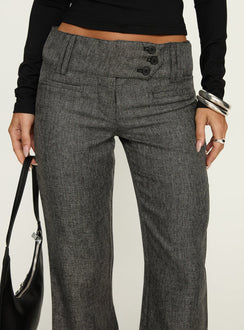 side view of model wearing Princess Polly Karola Asymmetrical Buckle Pants Grey Mid Rise Pants 
