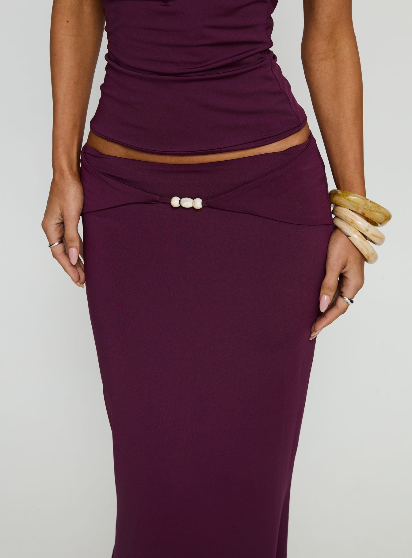 back view of model wearing Princess Polly Vanecia Maxi Skirt Purple Maxi Skirts 