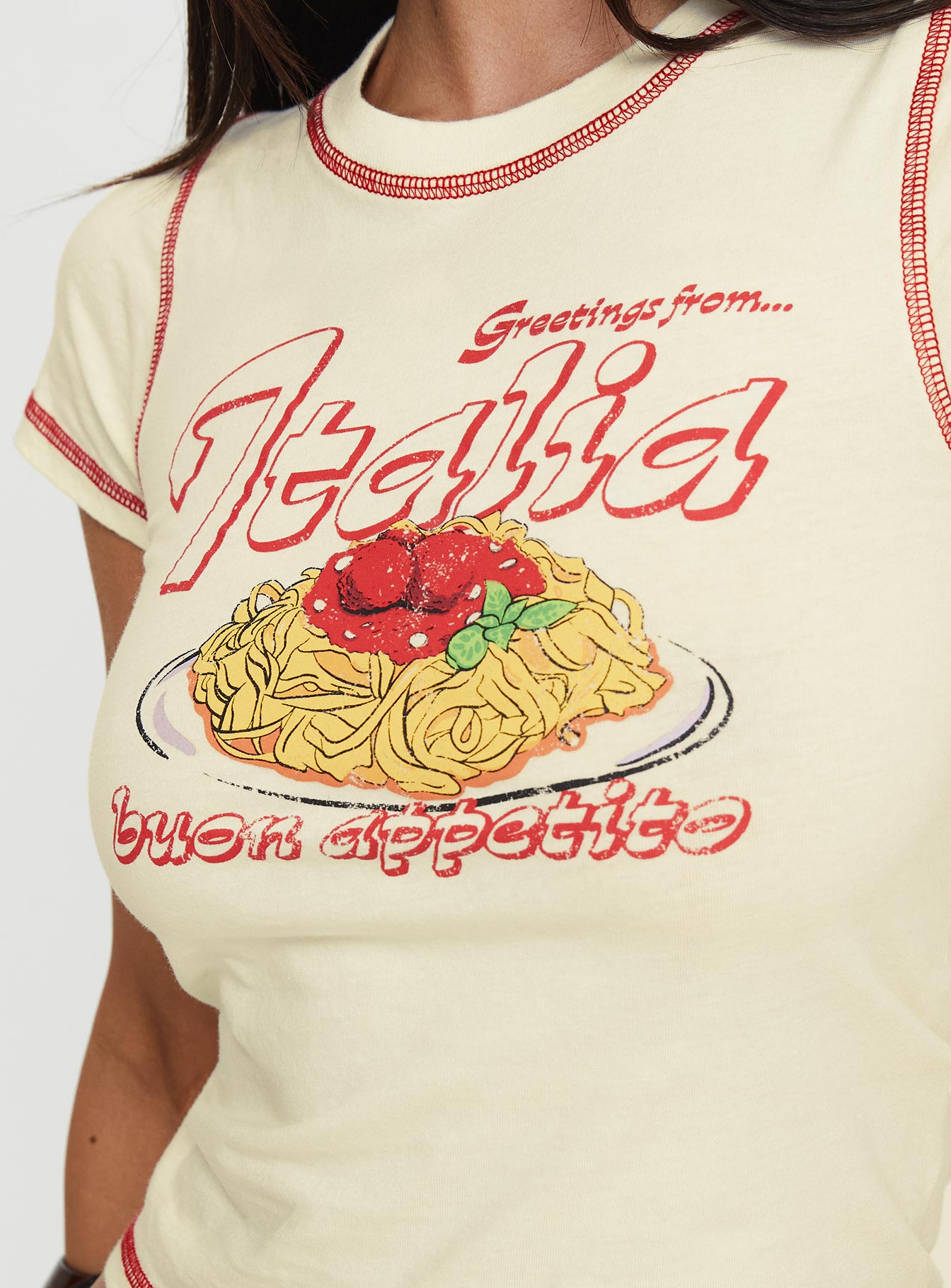 back view of model wearing Princess Polly Buon Appetito Top Cream Short Sleeves Crew Neck 