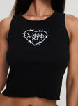 back view of model wearing Princess Polly Radiantia Tank Top Black Sleeveless Crew Neck 