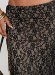 back view of model wearing Princess Polly Lourenzia Lace Maxi Skirt Black / Nude Maxi 