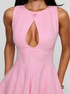 back view of model wearing Princess Polly Precedence Keyhole Mini Dress Pink Crew Neck 