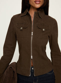 Kelehan Long Sleeve Zip Front Top Stonewashed Brown