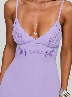 back view of model wearing Princess Polly Secret Gardens Asymmetrical Midi Dress Purple Plunger 