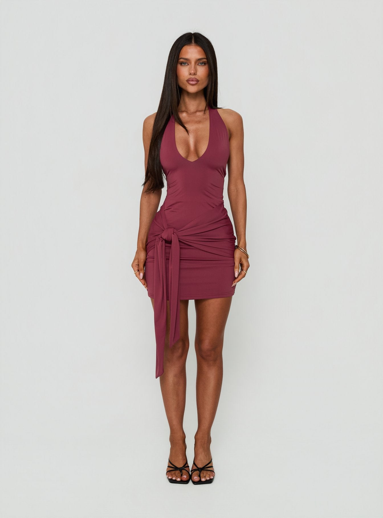 Poppee Halter Tie Detail Mini Dress Burgundy