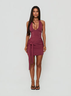 Poppee Halter Tie Detail Mini Dress Burgundy