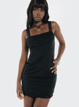 Front view of model wearing  front Princess Polly Square Neck  Levin Mini Dress Black