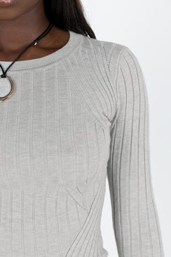 back view of model wearing Princess Polly Sasher Long Sleeve Mini Dress Grey Crew Neck 