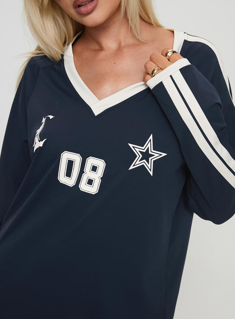 back view of model wearing Princess Polly Spectate Top Long Sleeve Navy Full Sleeves V-Neck 