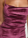 back view of model wearing Princess Polly Celena Velvet Mini Dress Purple Cowl Neck 