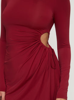 back view of model wearing Princess Polly Dusk Till Dawn Long Sleeve Mini Dress Burgundy Boat Neck 