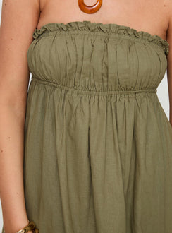 back view of model wearing Princess Polly Isannah Maxi Dress Sage Straight Neck 