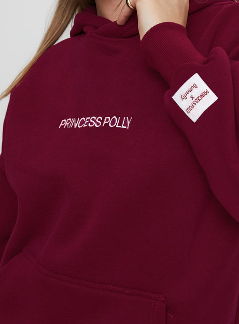 back view of model wearing Princess Polly Princess Polly x Butterfly Foundation Charity Merch Hoody Wine Long 