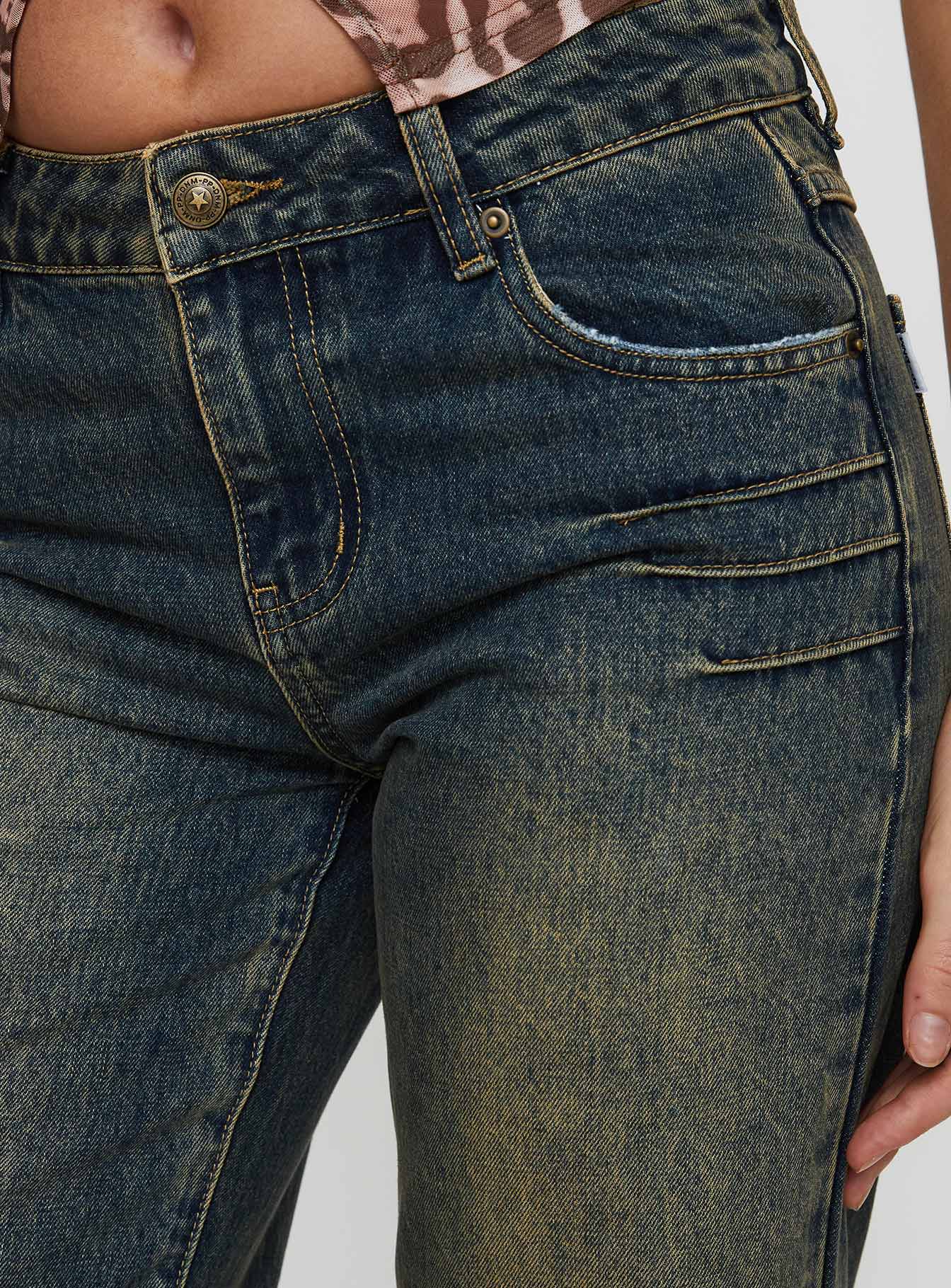 back view of model wearing Princess Polly Inverness Pinched Detail Wide Leg Jean Tea Mid Rise 