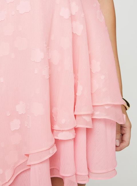 Front view of model wearing  front Princess Polly Square Neck  Candyn Asymmetric Mini Dress Pink