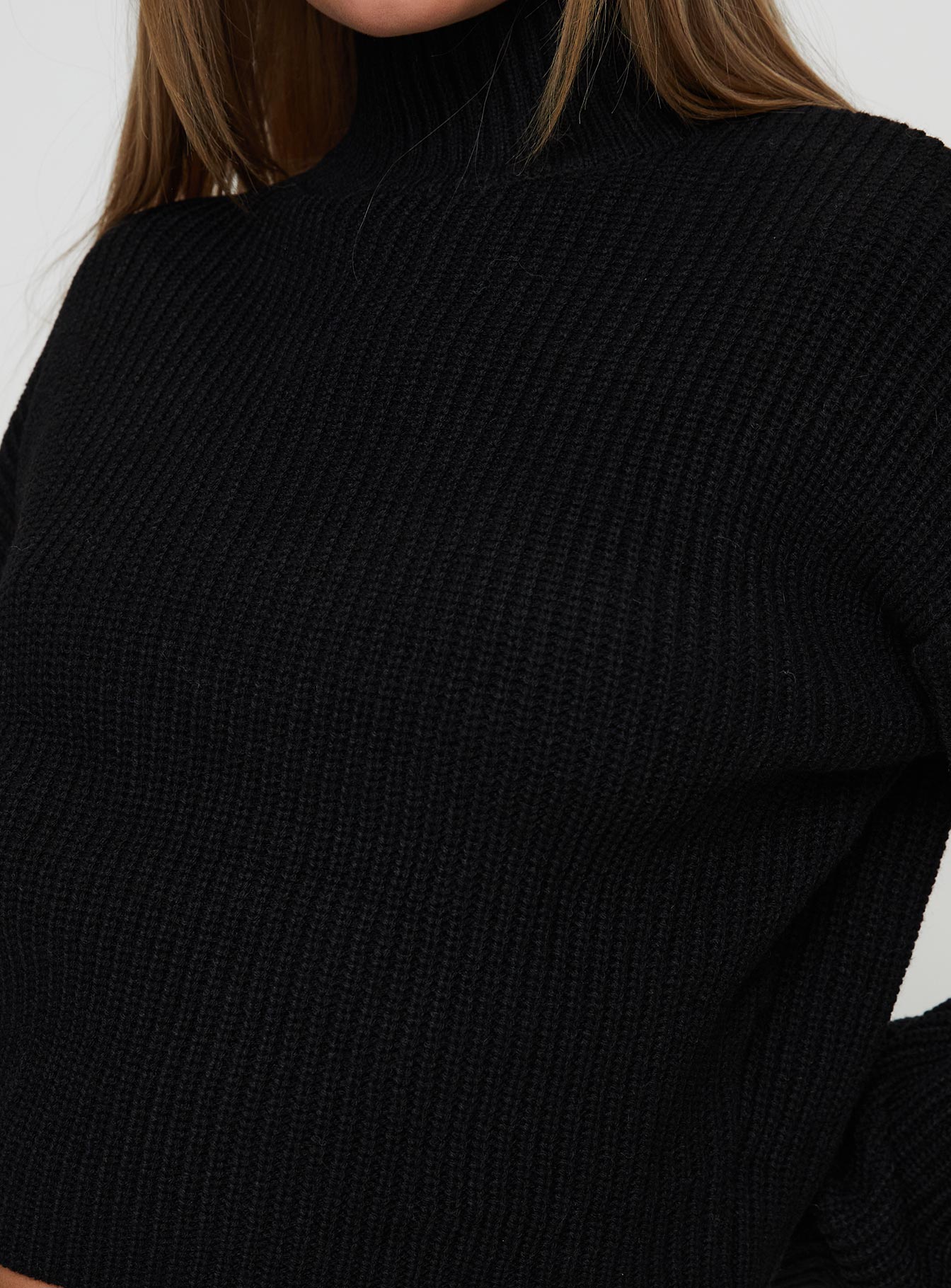 back view of model wearing Princess Polly Sayge Mock Neck Knit Sweater Black cropped 