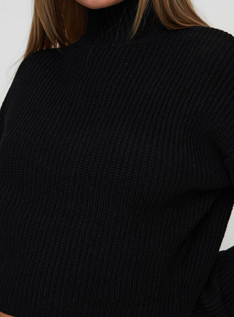 back view of model wearing Princess Polly Sayge Mock Neck Knit Sweater Black cropped 