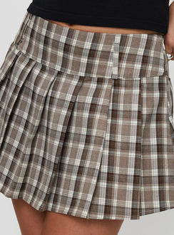 back view of model wearing Princess Polly Envision Pleat Mini Skirt Brown Multi Mini Skirts 