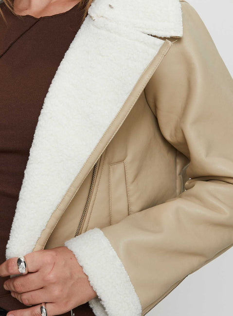 Shearling Trim Faux Leather Jacket Beige