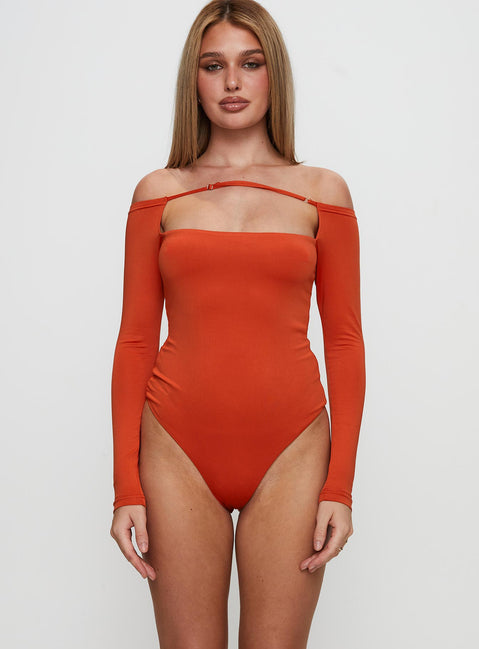 front view of model wearing Princess Polly Degree Of Seperation Buckle Detail Long Sleeve Bodysuit Orange Full Sleeves 