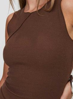 back view of model wearing Princess Polly Morganah Aysmmetrical Top Brown Sleeveless Crew Neck 