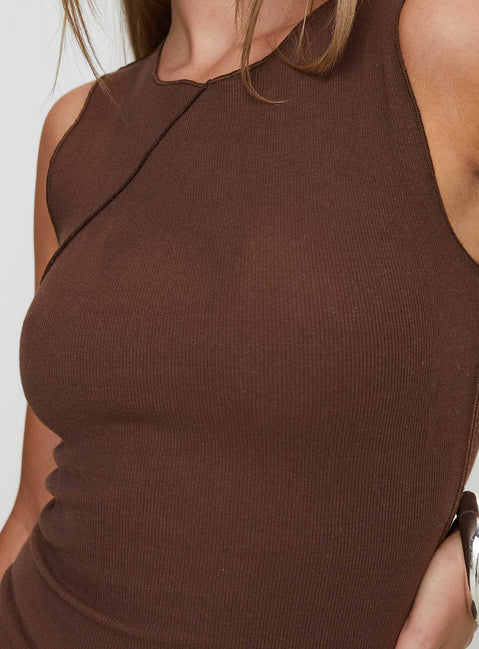 back view of model wearing Princess Polly Morganah Aysmmetrical Top Brown Sleeveless Crew Neck 