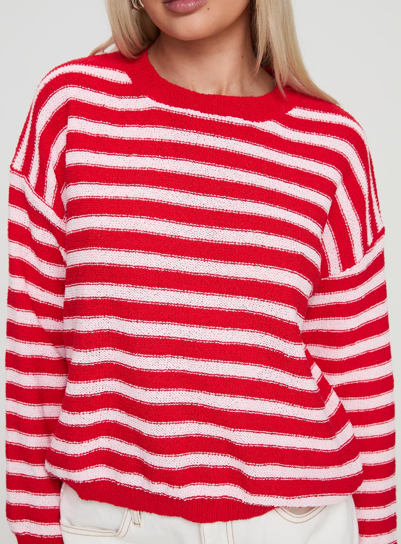 back view of model wearing Princess Polly Freeze Knit Sweater Red Cropped 