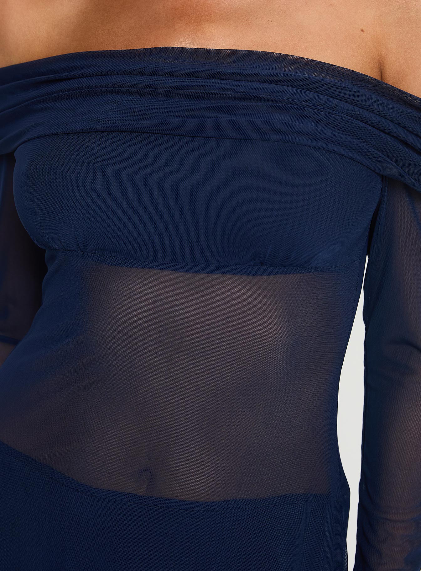 product Princess Polly Virtues Long Sleeve Sheer Mini Dress Navy Straight Neck 